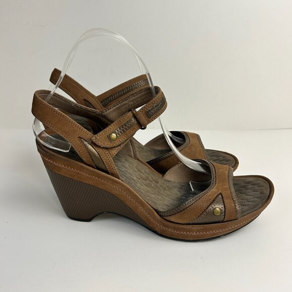Privo Sandals Brown Wedge Slingback Heels Leather Peep Toe Comfort - Picture 6 of 13